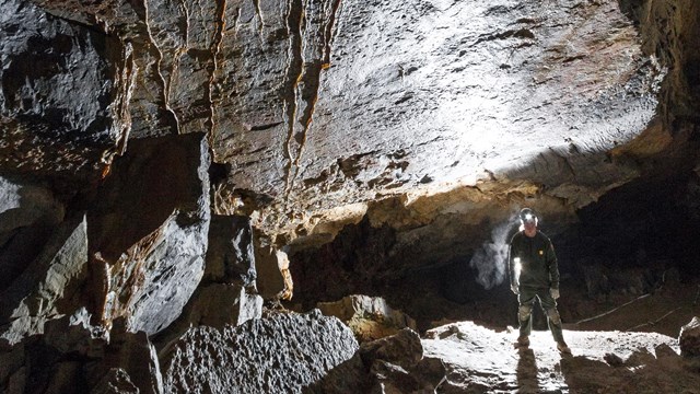 Ranger stands on a cave trail wearing headlamp, knee pads, and green jumpsuit.